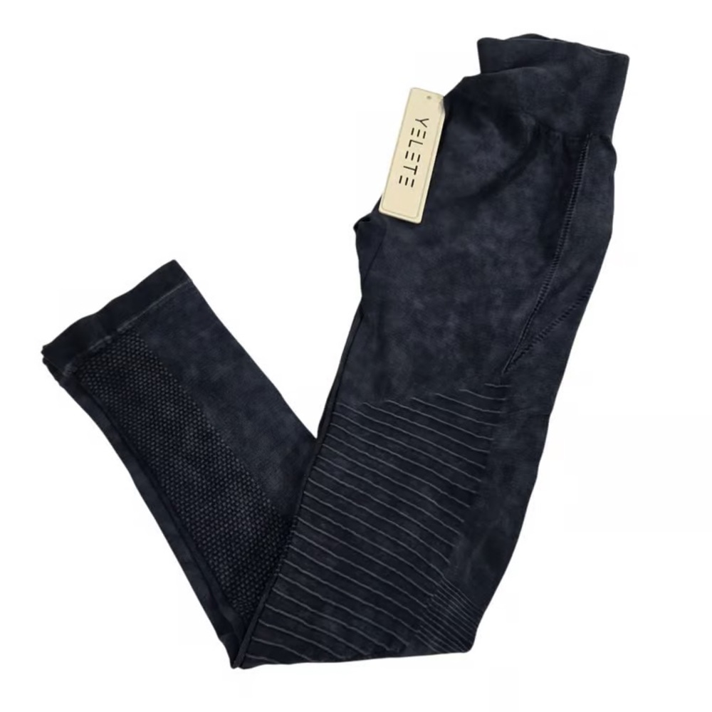 NWT YELETE Seamless Moto Workout Leggings M/L Dark Wash Textured Gym Activewear